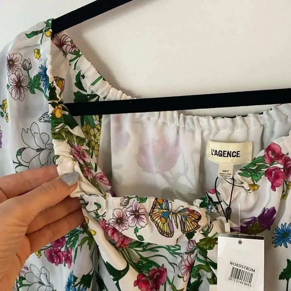 L'agence Elena Off-The-Shoulder 100% Silk Blouse White Multi Botanical Floral XS - Picture 10 of 13